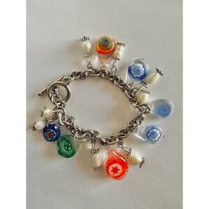 Colorful Millefiori Glass Charm Bracelet Pearl Beads 6.5”